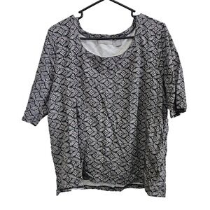 Liz Claiborne Womens Black White Geometric Leaf Print Scoop Neck Top Blouse